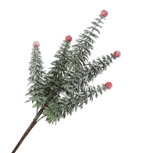 Artificial snowy Christmas cedar branch with 5 forks and red berries for winter decor
