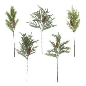 Five-piece artificial pine branch set with realistic green needles and brown pine cones