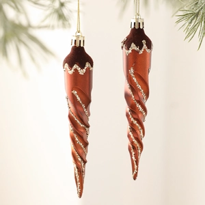 Brown spiral icicle Christmas ornaments with flocking and silver glitter accents