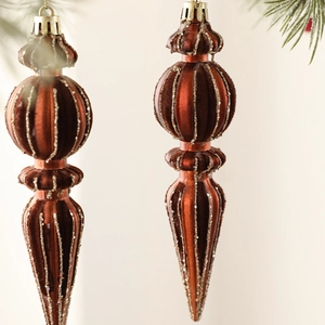 Set of two vintage burgundy Christmas finial ornaments with elegant gold glitter stripes