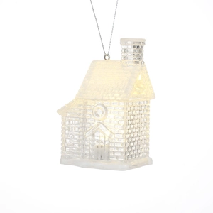 Illuminated transparent Christmas house ornament with warm LED light and ice texture
