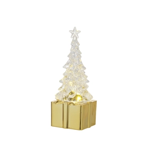 Glow mini Christmas tree on gold gift box base with warm LED lights desktop decor