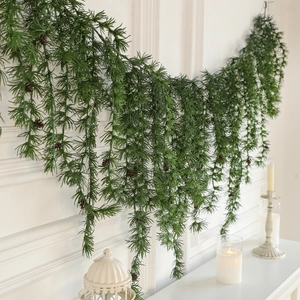 Artificial Christmas Pine Needle Garland Vine Hanging Decor With Pinecones Snowy PE Plastic For Fireplace Wall Home