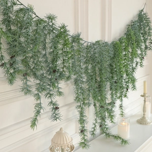 Green PE pine needle garland with brown pine cones for Christmas wall decoration