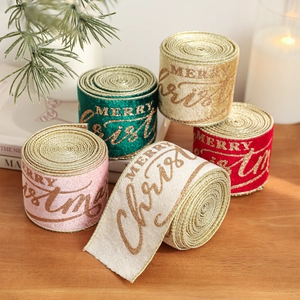 Christmas Velvet Ribbon Gold Glitter Merry Christmas Letter Print Wired Edge Fabric For Gift Wrapping Trees Decor Festive Ornament