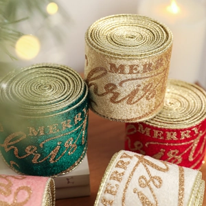 Glittery Merry Christmas velvet ribbons in multiple festive colors with gold wired edges