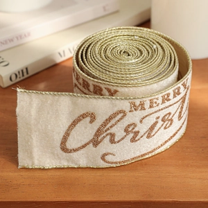 Velvet Christmas ribbon with gold glitter Merry Christmas text and metallic edges