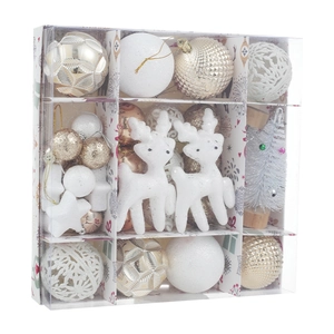 Coffret de décorations de Noël avec boules pailletées or et argent et figurines rennes