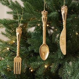 Vintage gold cutlery Christmas tree ornaments featuring crown detailing and floral patterns