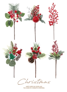 Detailed views of various artificial Christmas berry picks with pine cones and green foliage