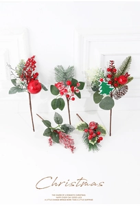 Detail of Christmas picks with red berries, pine needles, and felt tree ornaments