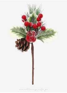 Detail of red berries, pine cone and snow-tipped leaves for Christmas decoration