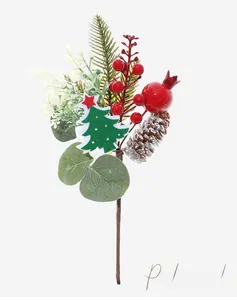 Detail of Christmas pick with red berries, pine cones and felt tree ornament decoration
