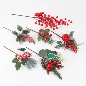 5-pack artificial Christmas picks with red berries pine cones and snow-flocked leaves