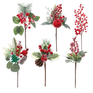 Artificial Christmas berry picks with pine cones, needles and snow for home decor