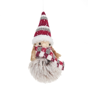 Hanging Christmas plush gnome decoration with knitted hat and white faux fur body