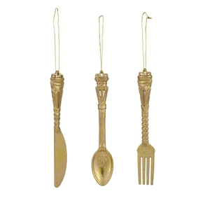 Three-piece vintage gold plastic cutlery hanging ornaments for Christmas tree decor