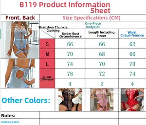 Größentabelle für Spitzen-Bodysuits mit Maßen von S bis XL in verschiedenen Farben
