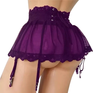 Sexy dark purple lace babydoll with adjustable garters and mesh cross-strap back design