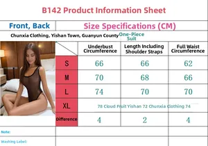 Guida alle taglie per body in rete trasparente con misure dettagliate per S, M, L e XL
