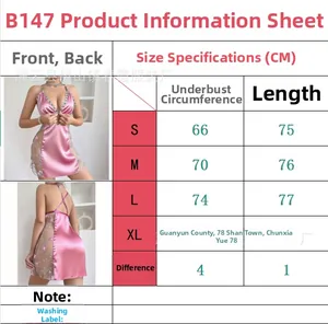 Size chart for pink satin nightgown with bust and length specs in CM from S to XL