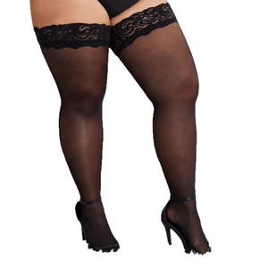Plus size black sheer thigh high stockings with floral lace trim on white background