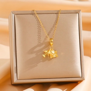 Detailed close-up of golden travel pendant with airplane, globe, and suitcase charms