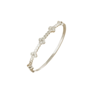 Silver titanium steel clover bracelet with white zirconia and spring opening mechanism