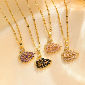 Collier Pendentif Cygne Acier Titane Cristal Strass Élégante Chaîne Clavicule Bijoux De Mode Pour Femmes