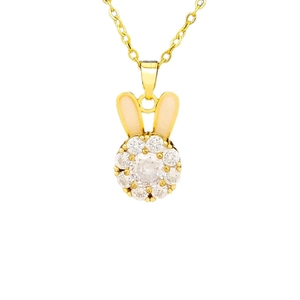 Rotating bunny necklace set with gold plating, pink enamel ears, and sparkling zircons