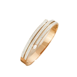 Elegant rose gold titanium steel bangle with three-row pavé crystals and shell inlay