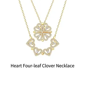 Versatile magnetic clover heart necklace with sparkling crystals in gold finish
