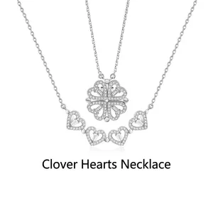 Silver clover necklace transforming into four hearts with shimmering pave crystals