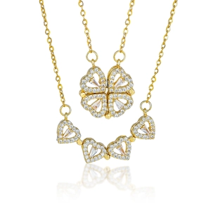 Transformable Four Leaf Clover Necklace Titanium Steel Full Rhinestone Heart Magnetic Jewelry For Women Elegant Birthday Gift