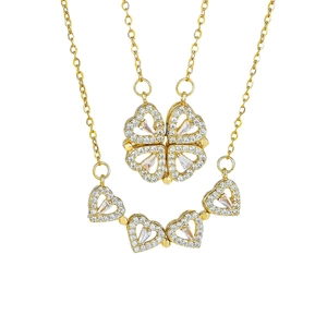 Versatile gold clover heart necklace with crystals showing folded and open styles