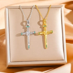Cross Pendant Necklace Stainless Steel Green Zircon Nail Shape Religious Jewelry Accessory For Women Elegant Style