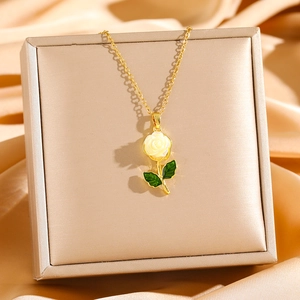 Elegant gold titanium steel necklace with white rose flower and leaf pendant