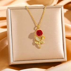 Luxurious titanium steel necklace with a red velvet rose pendant and sparkling diamonds