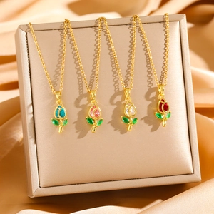 Elegant tulip flower necklaces in four colors on a premium satin jewelry display box