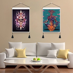 Wall Tapestry Scroll Painting Abstract Skeleton Yoga Meditation Dark Fantasy Art Home Decor With Wood Rod And Tassels