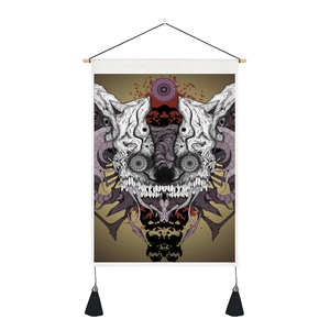 Skull yoga tapestry with wooden frame and black tassels for wall decor hanging