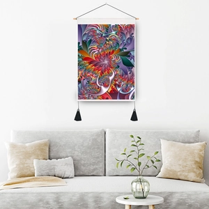 Mandala fractal wall tapestry with wooden frame and tassels for home decor