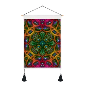 Mandala fractal art wall tapestry with wooden hanger and black decorative tassels
