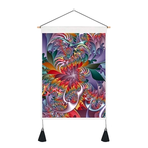 Detail of colorful mandala wall tapestry with wooden bar, hanging rope and black tassels