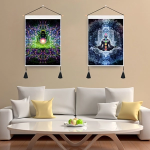 Bohemian mandala tapestry set with chakra meditation art and decorative tassels for wall decor