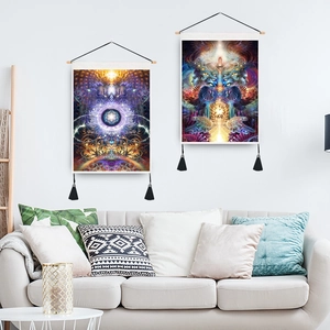 Bohemian tapestry set with psychedelic geometric art, wooden rods and black tassels