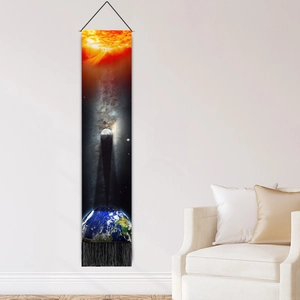 Vertical wall tapestry with cosmic sun and earth print, featuring wood rod and black tassels