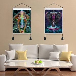 Mandala yoga wall tapestry with chakra silhouette and cobra lotus patterns in home setting