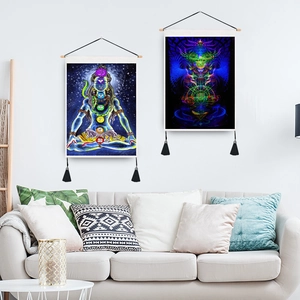 Indian style mandala wall hanging scroll with Shiva meditation design and tassels