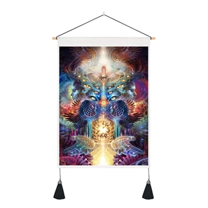 Bohemian tapestry wall hanging with psychedelic mandala eye pattern and black tassels